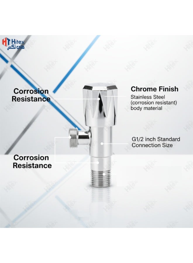 Hitex Stainless Steel Angle Valve 1/2 Inch 3 Pcs – Chrome Finish Water Shut Off Valve for Toilet, Basin, Bidet & Washing Machine | Rust-Resistant, Leak-Proof Plumbing Control Valve | ODROLLO - Image 4